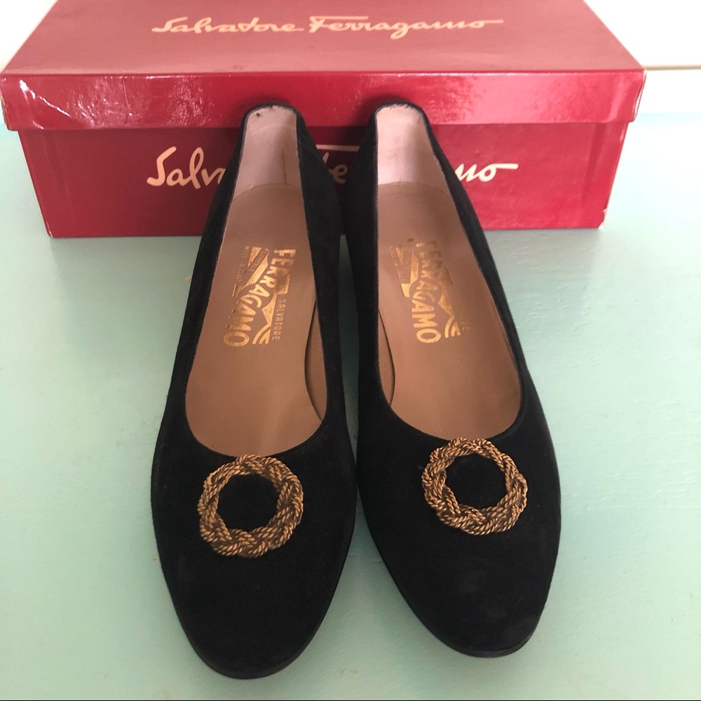 Vintage Salvatore Ferragamo Black Suede Flats